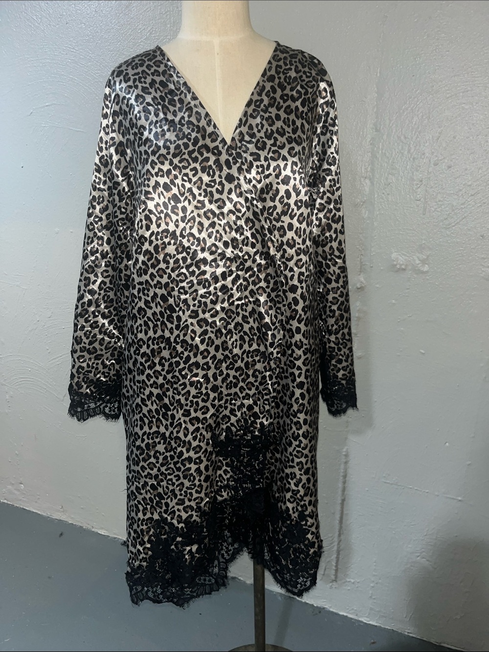 Leopard Print Satin Rob with Black Lace Trim - Women's Intimates